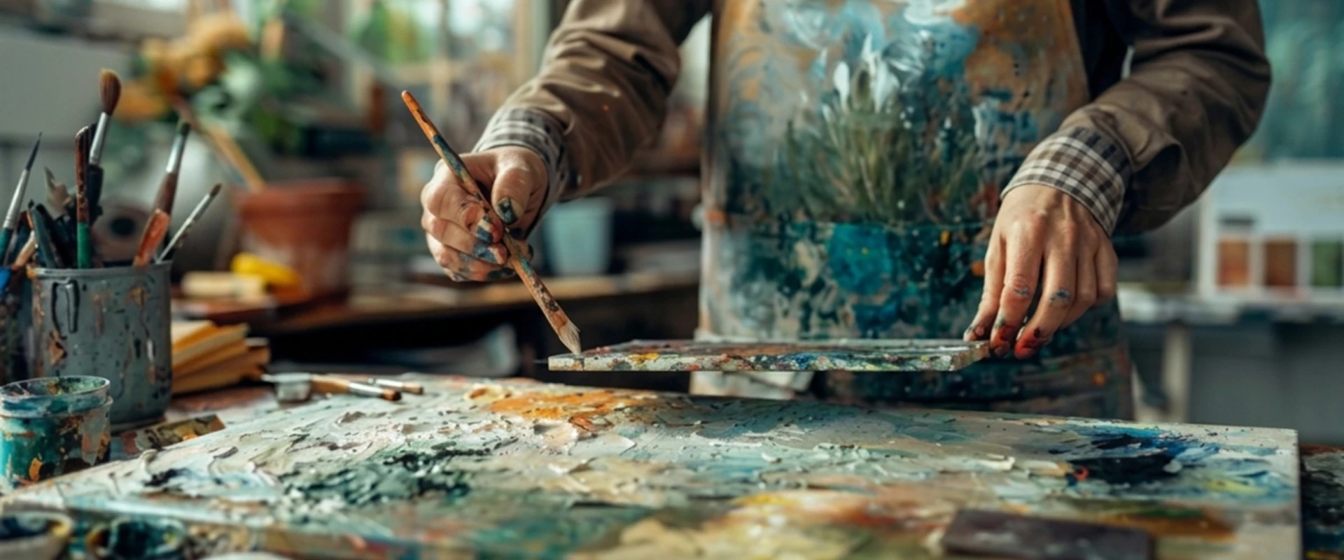 Artist painting in a colorful studio workspace.
